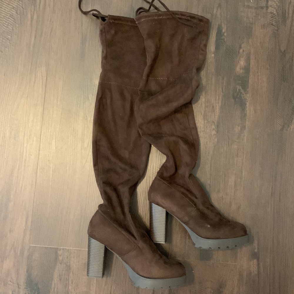 OVER THE KNEE BOOTS BROWN PLATFORM MICROSUEDE HEELS SIZE 9